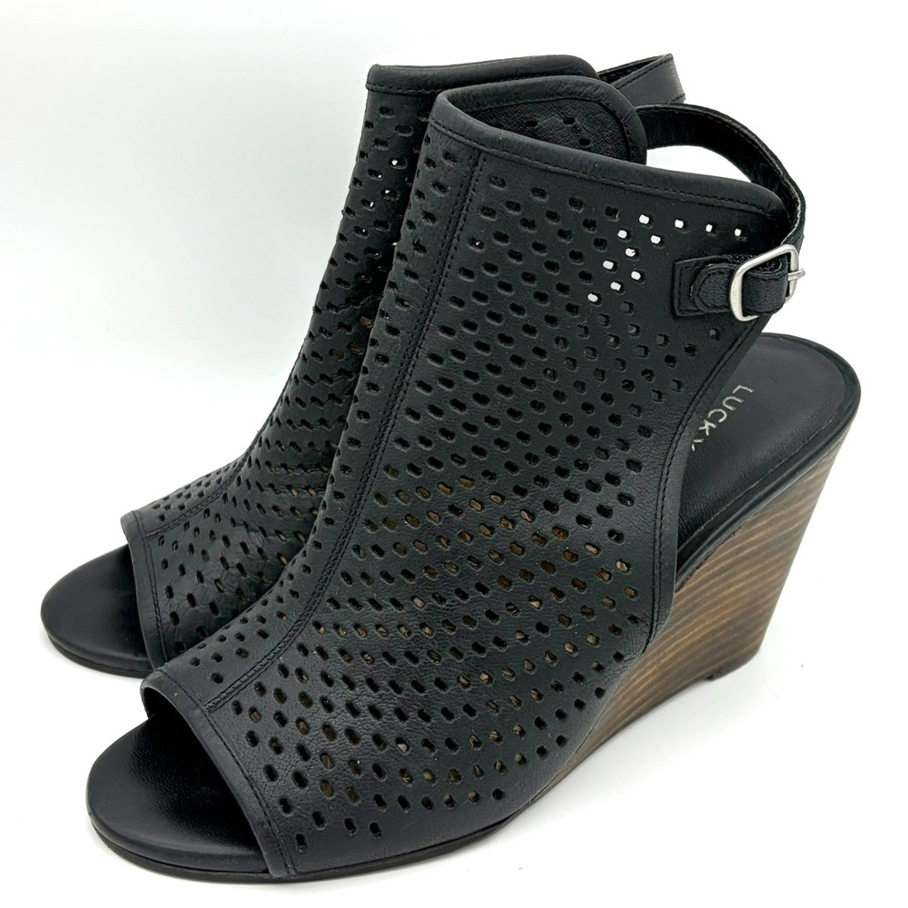 Lucky‎ Brand Rozina Black Leather Wedges W8 Resort Mesh Summer Bootie Whimsygoth
